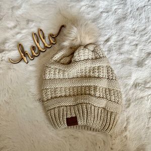 Woman's Knitted Pom Beanie - Beige NWOT